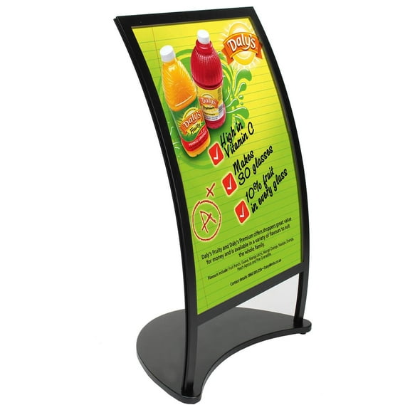 Black Aluminum Curved Poster Stand, Single-Sided 24 x 36-Inch Sign, Free-Standing, Top-Loading (CMPFLR36BK)