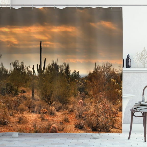 Saguaro Cactus Decor Shower Curtain Set, Dramatic Shady Desert View With A Storm Cloud Approaching Western Arizona Photo, Bathroom Accessories, 69W X 70L Inches, By Ambesonne