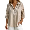 thumbnail image 5 of VBVC Women's Striped 3/4 Sleeve Blouse , Ladies' Casual Button Down Tunic , Loose Fit V Neck Summer Shirt For Women, Brown , S-2XL, 5 of 8