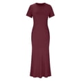 thumbnail image 4 of qolati Holiday Dresses for Women Trendy Stretchy Solid Crew Neck Lounge Long Dress Elegant Short Sleeve Bodycon Maxi Dresses Clearance, 4 of 4