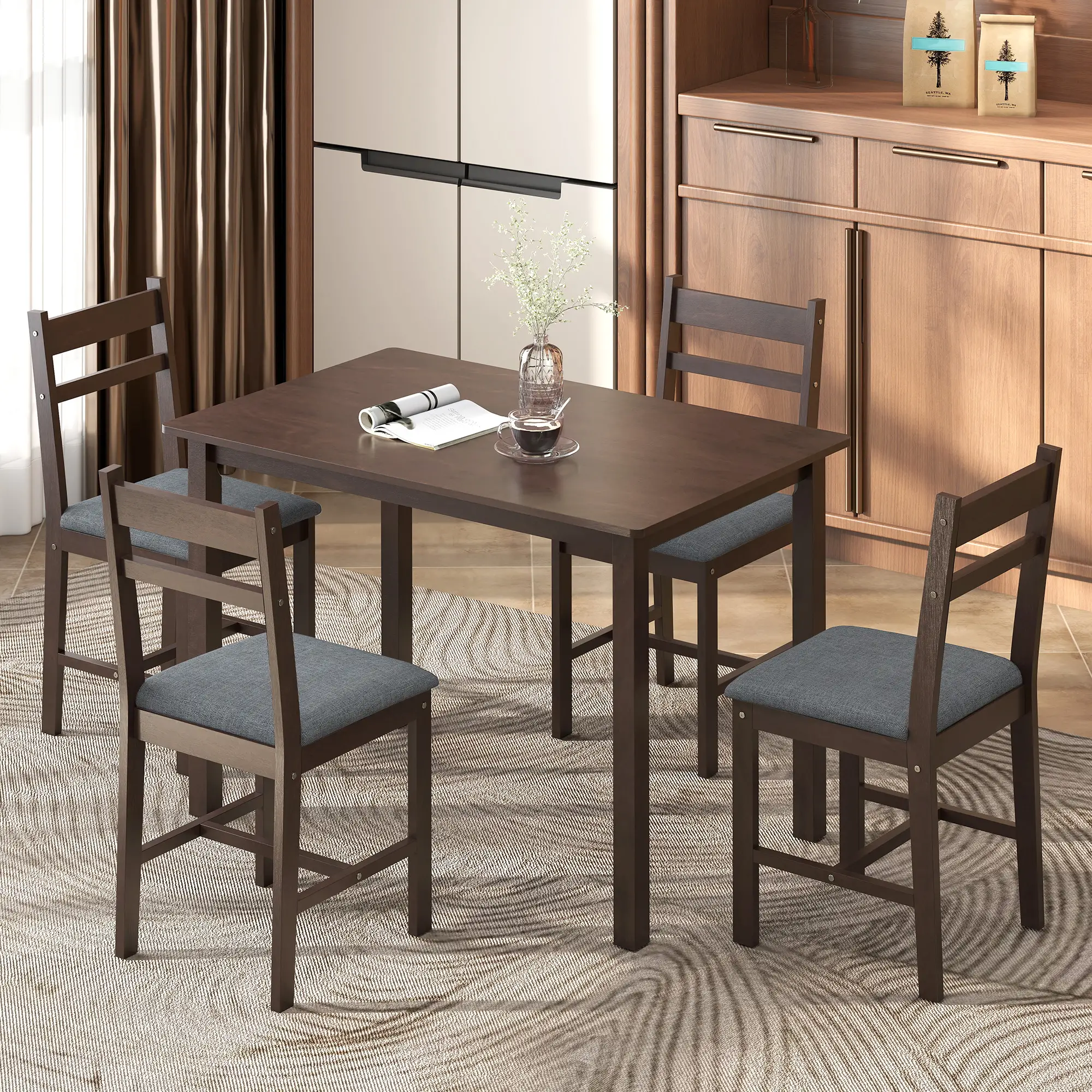 5-Piece Dining Room Set for 4, Rubberwood Table and Chairs with Linen Upholstery, Gray/Walnut