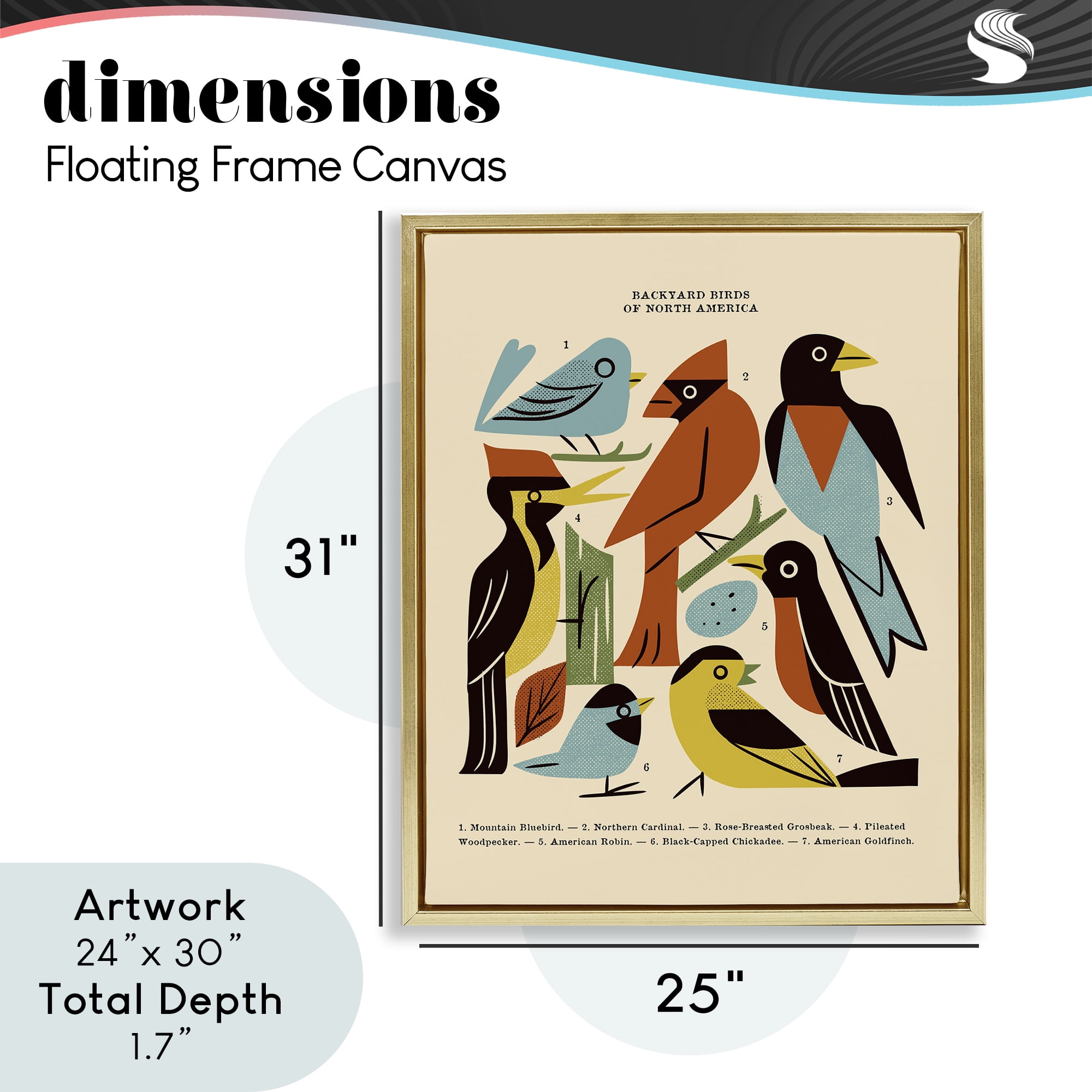 Backyard Birds Midcentury Modern Gold Framed Floater Canvas Wall Art, design by Renea L. Thull