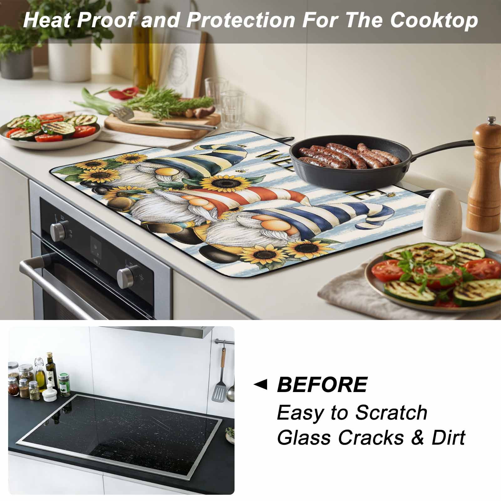 Sunflower Gnomes Stove Top Cover for Electric Stove, Heat-proof & Non Slip Glass Top Stove Cover Protector, Farmhouse Striped Bee Yellow Summer Flower Kitchen Flat Cooktop Rubber Mat 31x24 Inches