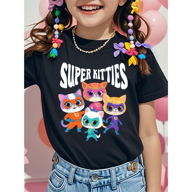 Camiseta Junior SuperKitties Ginny Bitsy Boots ¡Despega! - 100 % algodón, manga corta, con dibujos de gatos superhéroes y gráfico de aventura espacial, ropa informal unisex