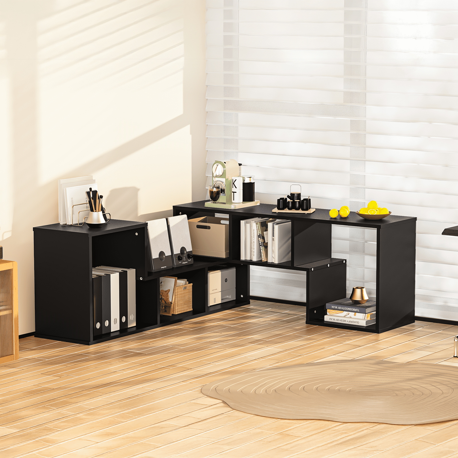 MOOSENG Horizontal Bookshelf, Vintage 2 Shelf Cube Bookcase L-Shaped TV Console Stand, Modern Entertainment Center with Open Storage Shelves for CDs/Movies/Books for Living Room, Bedroom