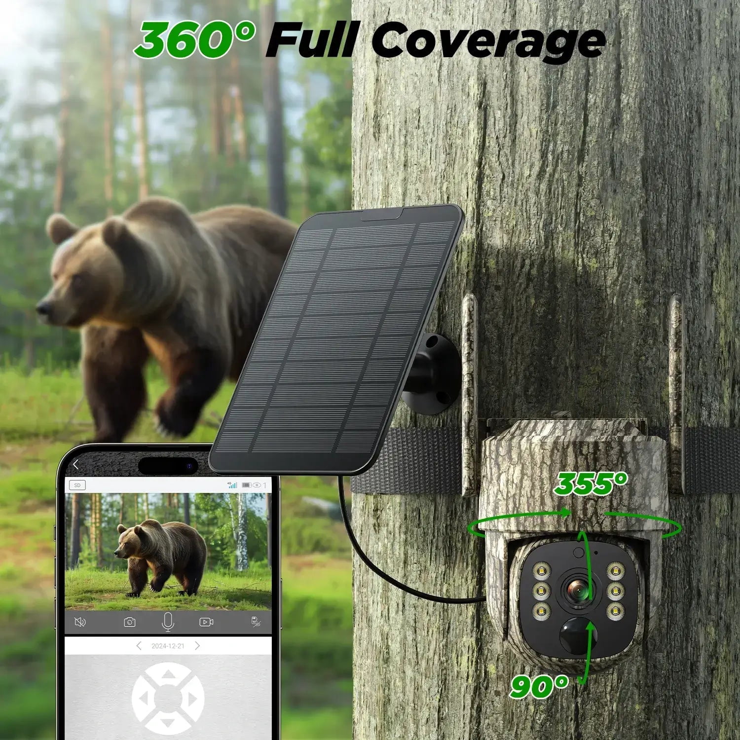 CAMPARK Cellular Trail Camera Solar 2.5K Hunting Deer Game Camera with Night Vision Motion Activated Waterproof IP66 Auto-Tracking 360 Degree 4G Live Feed for Farm Security Cameras No wifi Needed