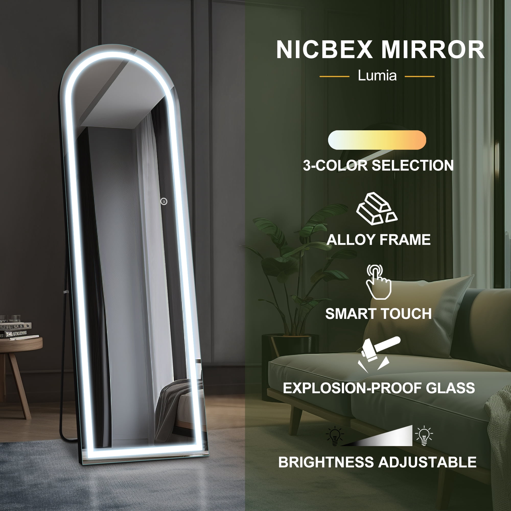 63"x20" Modern Arched Right Angle LED Full Length Mirror Floor Mirror with Bracket,Black