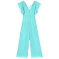 thumbnail image 2 of Miutii Kids Girls Ruffled Short Sleeve Party Bodysuit Rompers V Neck Chiffon High Waist Wide Leg Turquoise 8, 2 of 9