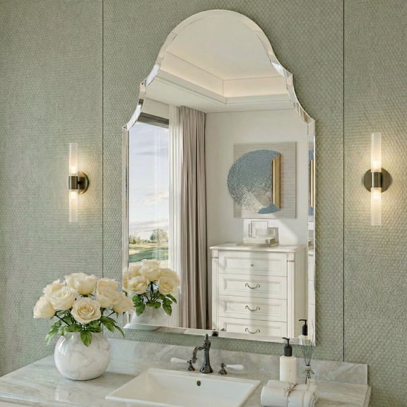 24"x40" Frameless Arched Mirror for Wall, Vintage Scalloped Top Vanity Mirror with Solid Backing, Beveled Edge Decorative Mirror for Entryway & Powder Room
