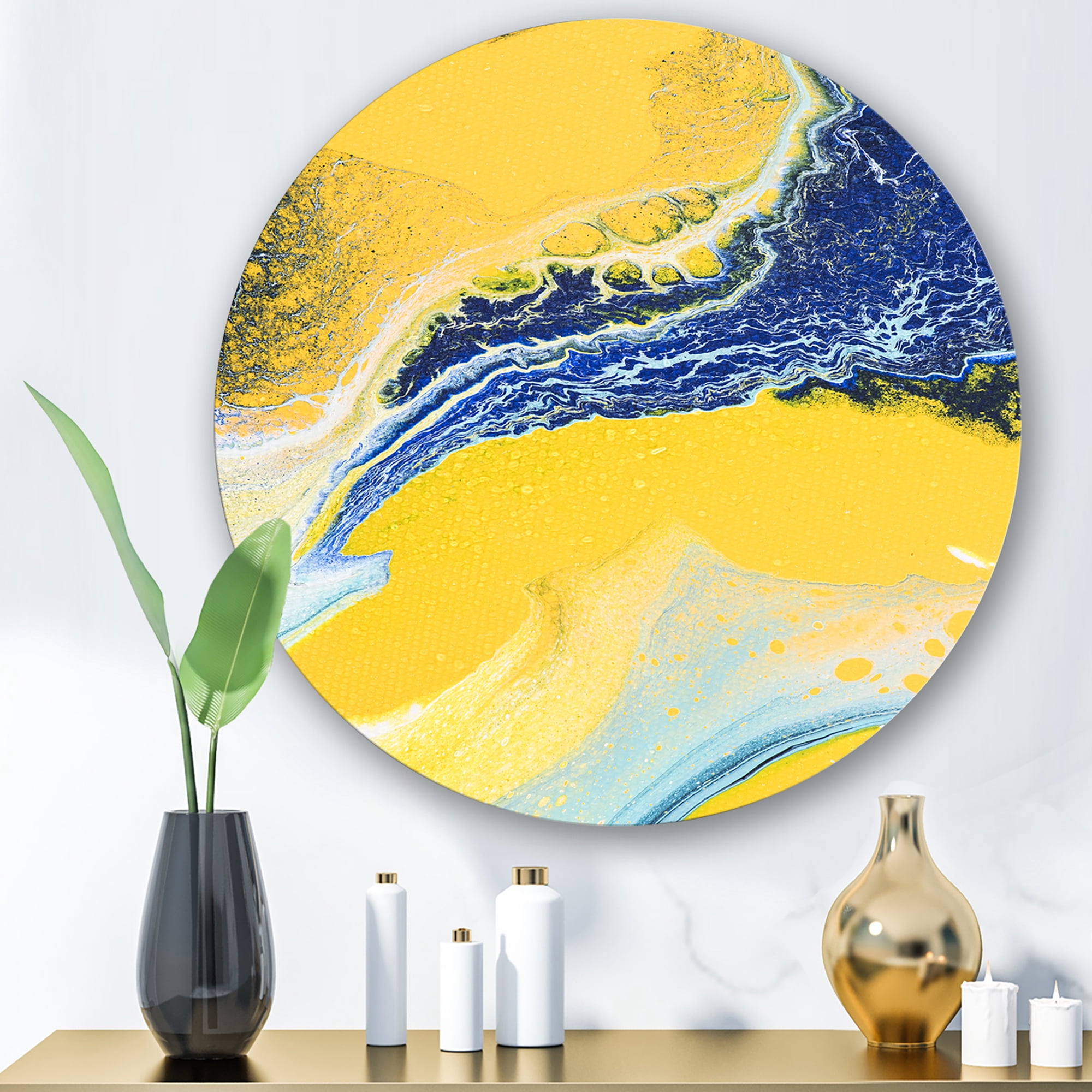 Designart 'Abstract Composition In Blue and Yellow VII' Modern Circle Metal Wall Art 11x11 - Disc of 11