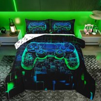 Manfei Modern Gamepad Full Size Comforter Sets,Teens Video Game Bedding Comforter Set,Green Blue Black Bedding Sets For Boys Kids,Ultra Soft Home Decor Reversible,3pcs