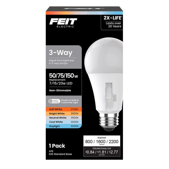 Feit A19 E26 (Medium) LED Bulb Adjustable White 150 Watt Equivalence 1 pk