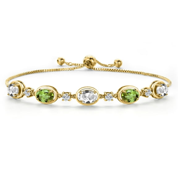 Gem Stone King 18K Yellow Gold Plated Silver White Created Sapphire and Green Peridot Bracelet for Women | 4.80 Cttw | Gemstone September Birthstone | Oval 7X5MM | Fully Adjustable 9 inch