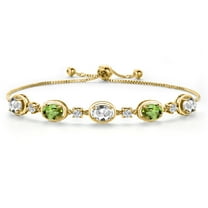 Gem Stone King 18K Yellow Gold Plated Silver White Created Sapphire and Green Peridot Bracelet for Women | 4.80 Cttw | Gemstone September Birthstone | Oval 7X5MM | Fully Adjustable 9 inch