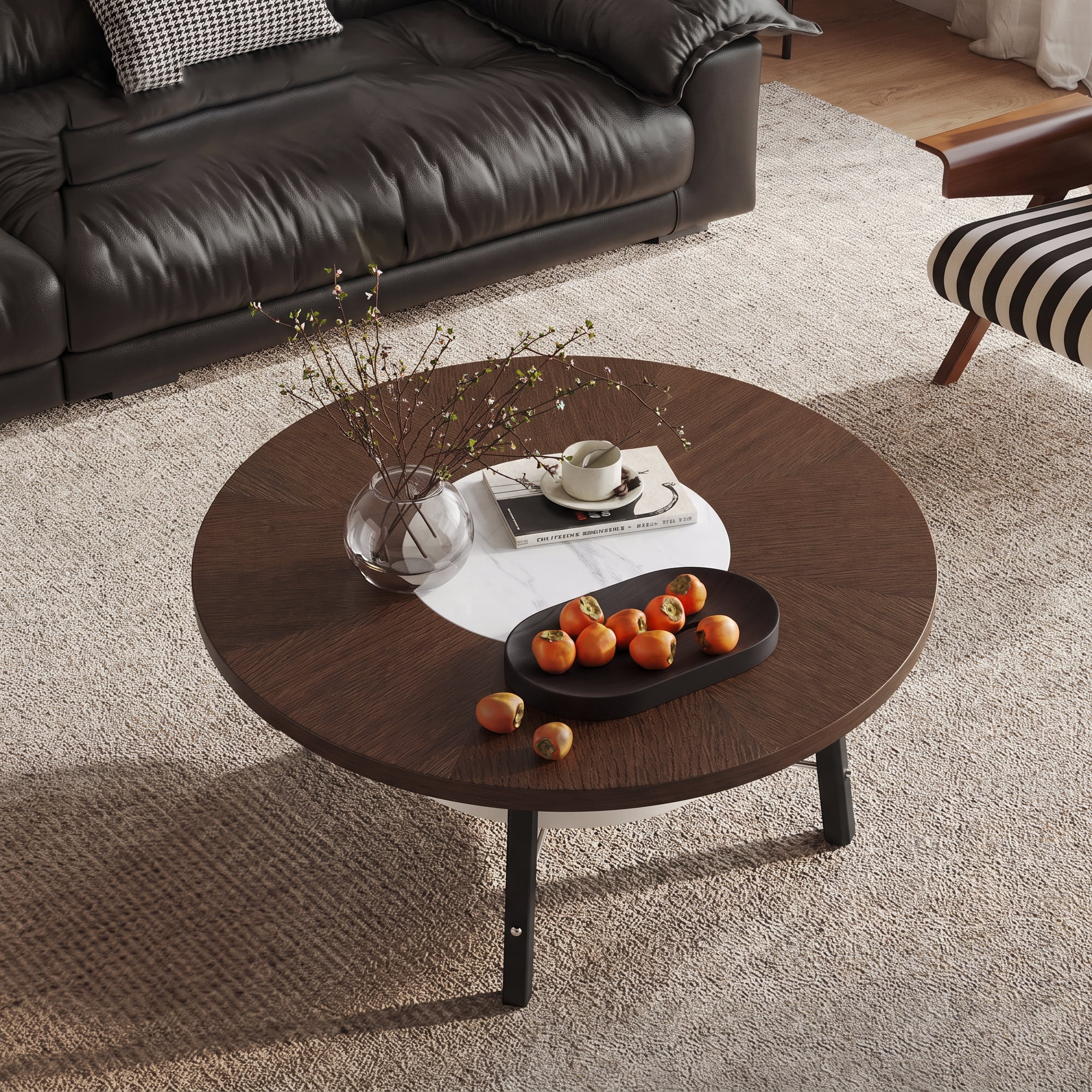 Leumius Round Coffee Table with Storage Shelf, Modern Minimalist Center Table for Living Room Walnut+White