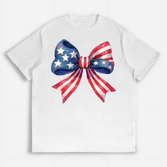 Patriotic Bow Flag Pattern Tops for Womens Fashion Graphic Tees Short Sleeve Cotton T Shirts White,S