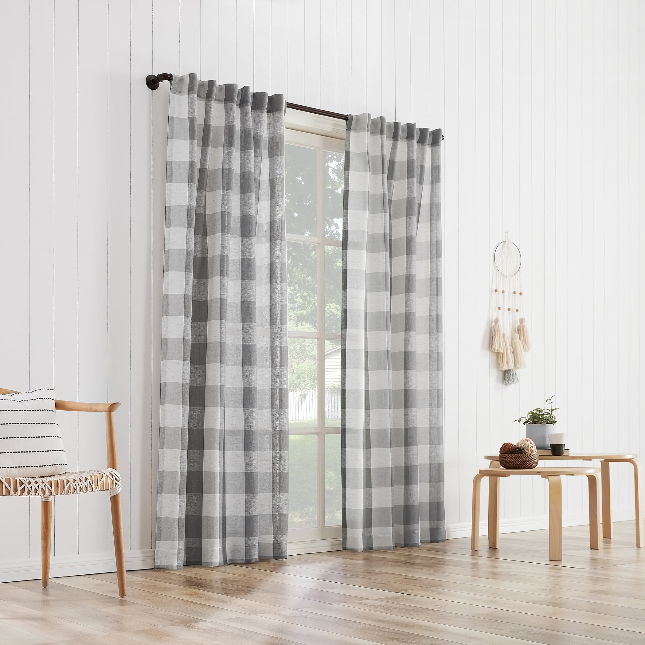 Better Homes and Gardens Buffalo Plaid Semi-Sheer Back Tab Curtain Panel, 50" x 84", Gray