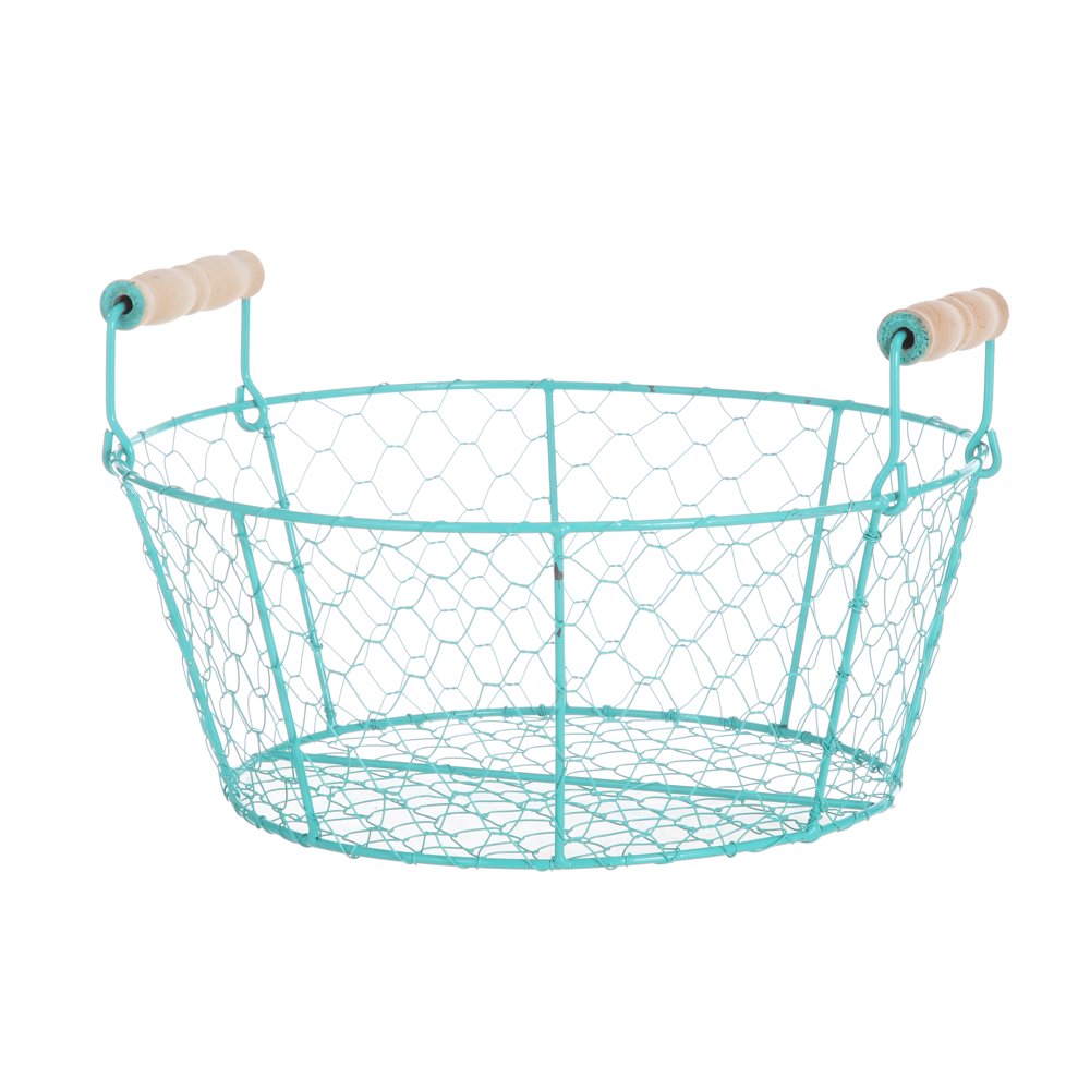 Teal Wire Basket with Wood Handle