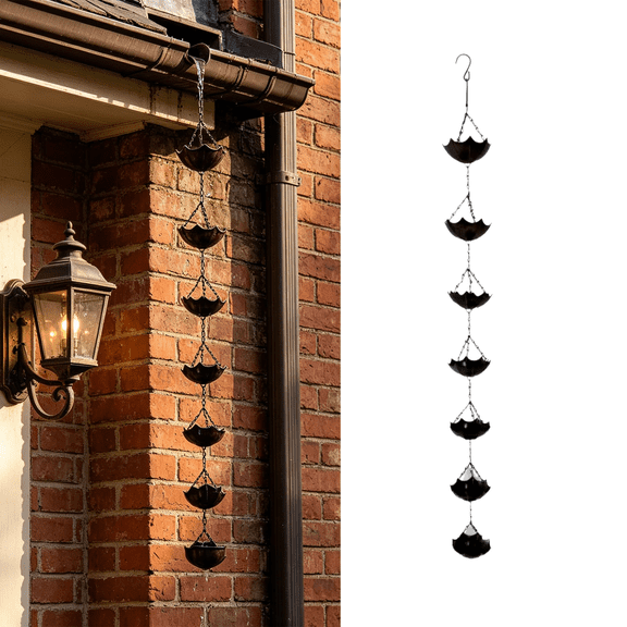 Lypsnake 37 Inch Iron Umbrella Rain Chain, Weather-Resistant Cast Iron Construction with Umbrella-Shaped Cups, Decorative Downspout Replacement for Patio Garden Gutter Systems