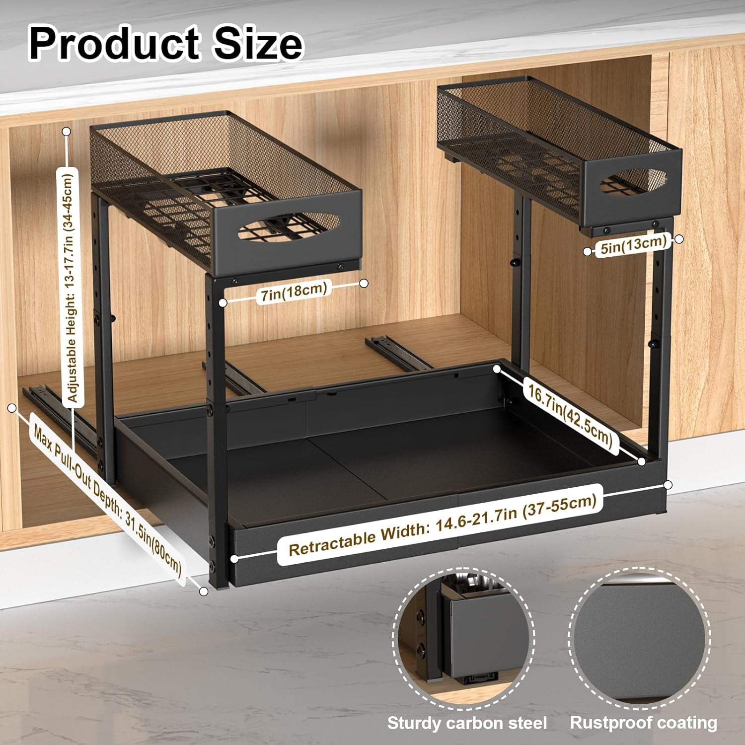 Under Sink Organizer, 14"-21" Width Expandable, 13"-17" Height Adjustable, 2 Tier Metal Pull Out Under Sink Storage Rack with 3 Sliding Rails for Kitchen Bathroom Cabinet, Double Side