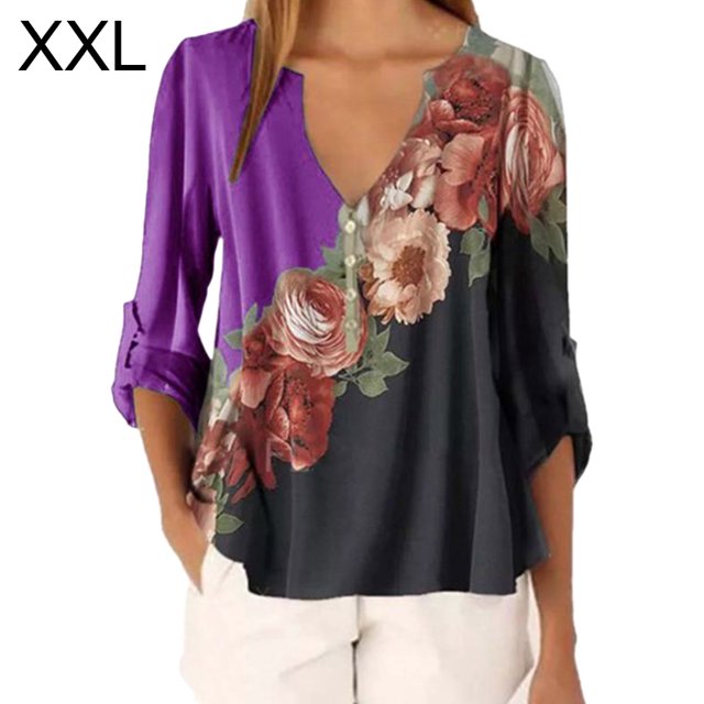 Blusa Camisa con cuello en V y estampado floral Blusa suelta de manga larga Top de mujer, Morado oscuro, XXL Jumpingount AP002021-77
