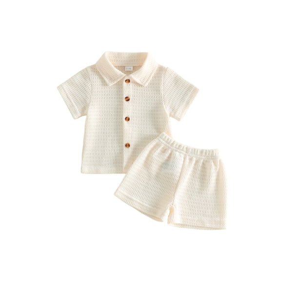 Cenuakty Toddler Baby Boy Summer Knit Outfits Hollowed Short Sleeve Button-up Shirt and Shorts 2 Piece Set