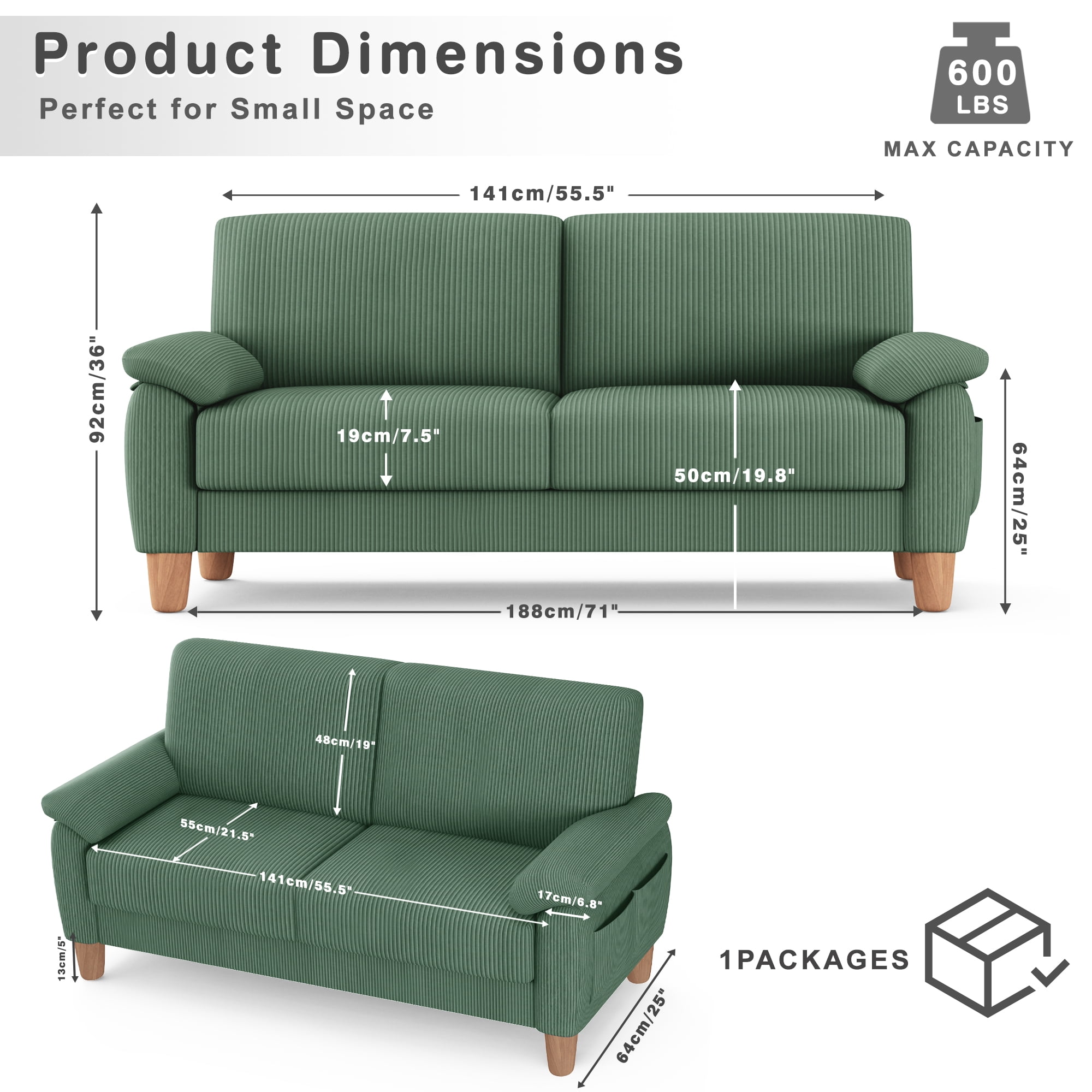 71” Corduroy Sofa for Living Room, AAQZ Small Comfy Couch for Small Space, One Box, Loveseat,Green