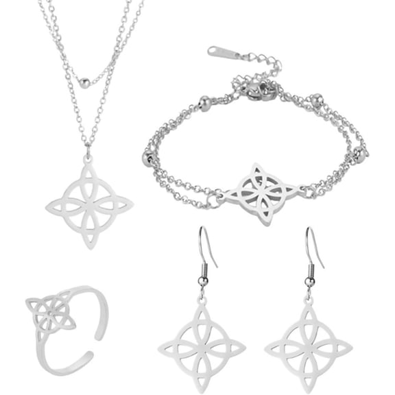Zephyriana Stainless Steel Jewelry Set Knots Ornaments Witch Knots Shaped Necklace Earring Rings Fashion Earrings