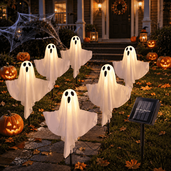 Laybasic 6 Pack Solar Halloween Pathway Stake Lights, Outdoor Waterproof Connected Ghost Decor, 8 Lighting Modes Auto On/Off Outside Walkway Lights for Halloween Pathway, Yard, Lawn, Patio Decor