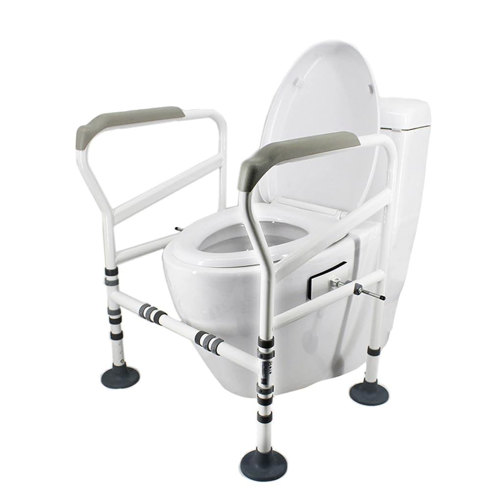 Toilet Safety Rails, Bathroom Frame, Adjustable Height, Bariatric Assist Handrail Grab Bar with Suction Cups, Railing Helper for Elderly, Handicap, Disabled, Seniors, Padded Arms Fit Most Toilets