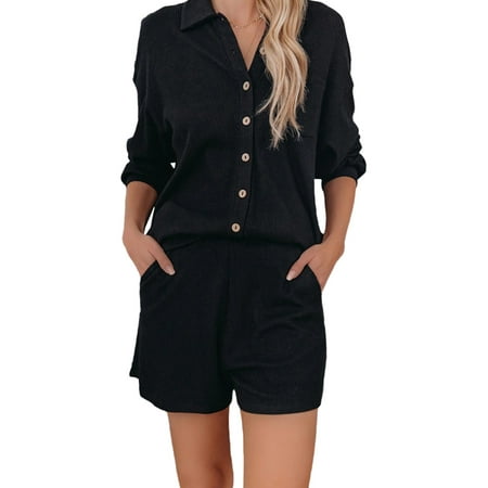

DYMADE Womens 2-Piece Casual Shirt+Short Joggers Pajamas Set Nightwear Loungewear Pjs