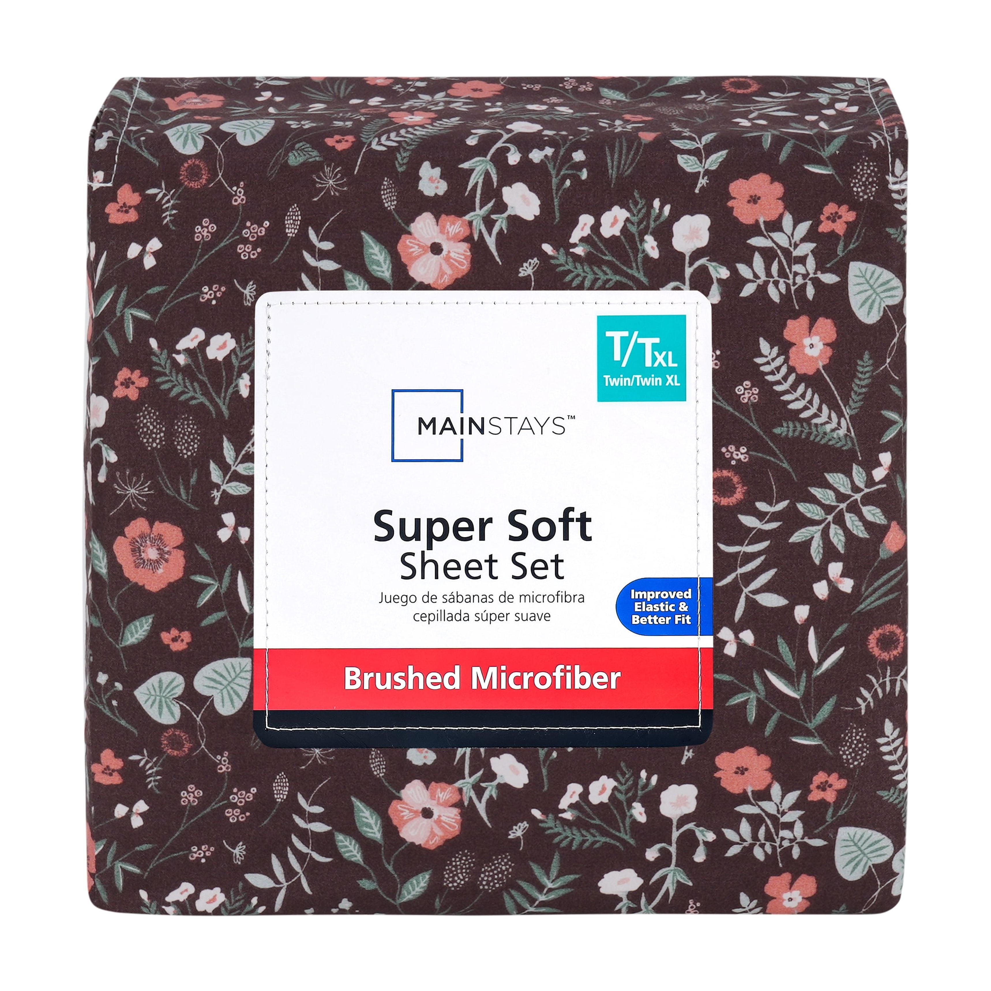 Mainstays Super Soft Brushed Microfiber Bed Sheet Set, Dark Brown Floral, Twin-XL, 3 Piece
