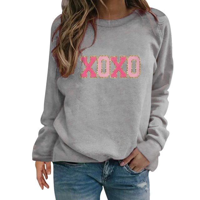 Outfmvch Hauts Courts à Manches Longues pour Femmes, T-Shirts Graphiques pour Femmes, Chandails à Capuchon Graphiques, Chandail en Molleton de la Saint-Valentin en Forme de Cœur, Pull Matelassé pour Femmes, Hauts à Manches Longues Gris 2TG