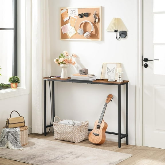 HOOBRO 44.9" Narrow Console Table with Power Outlets Living Room Foyer Hallway Rustic Brown and Black BF114UXG01