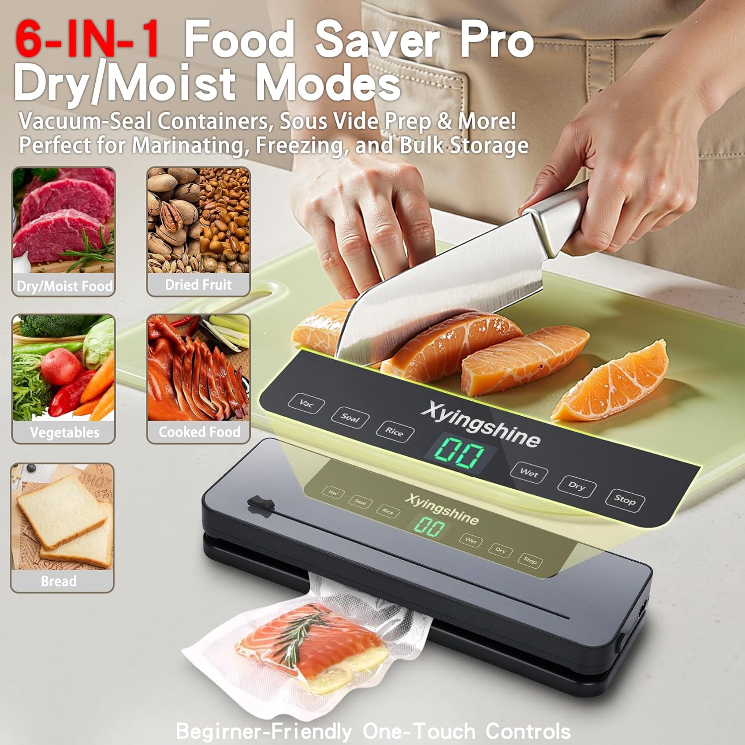 USIONE Storage Vacuum Sealer Machine- 75 Kpa 6-in-1  Compact Vacuum Sealer for Food with Digital Timer, Dry/Moist Food Modes & 100 Bags, Built-in Cutter (Sliver)