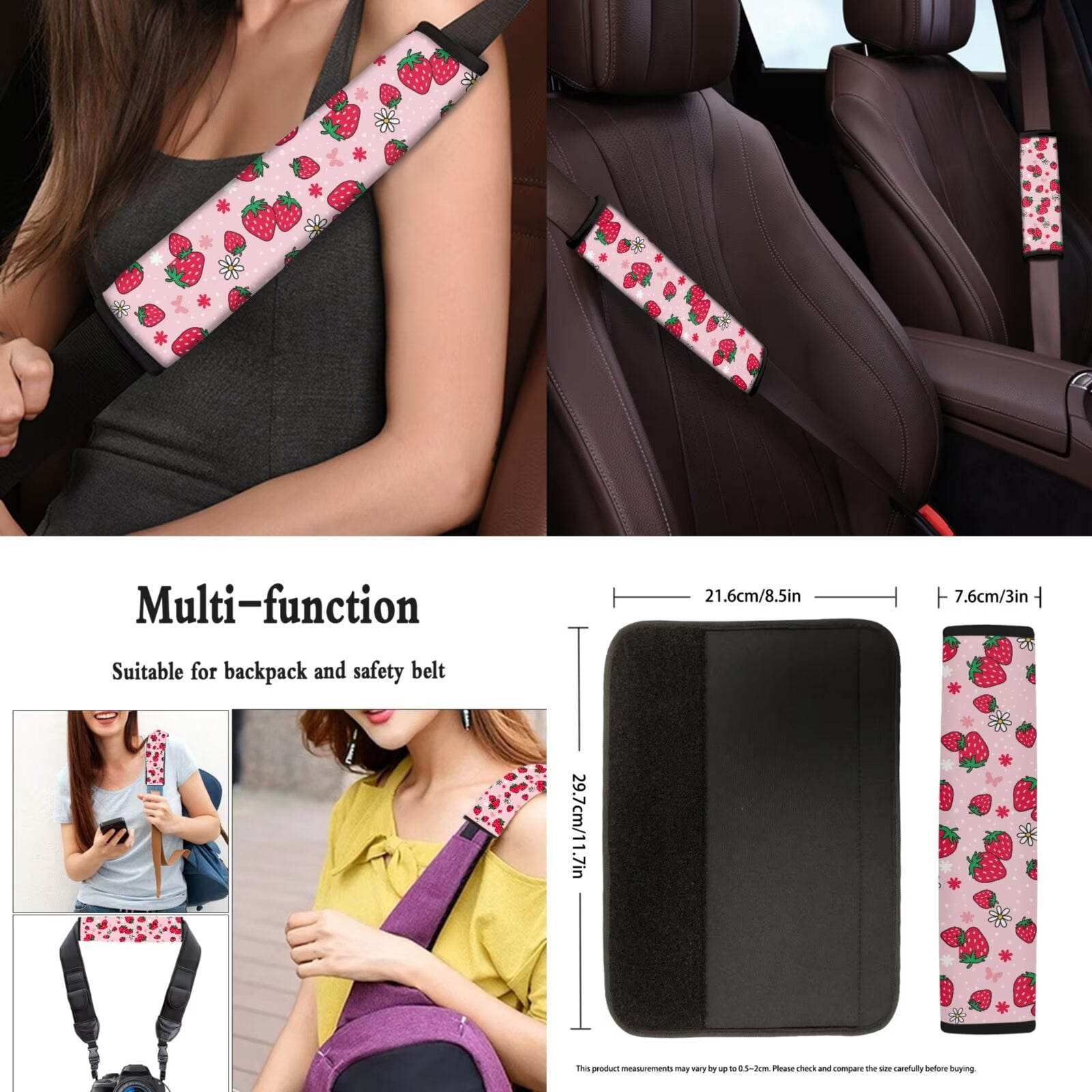 Jeiento Cute 13 Piece Car Seat Cover Set with Steering Wheel Cover Seatbelt Strap Pad Armrest Pad Cup Coasters Key Chain Pink Strawberry Automobile Interior Sets Fit for Van Truck SUV Sedan