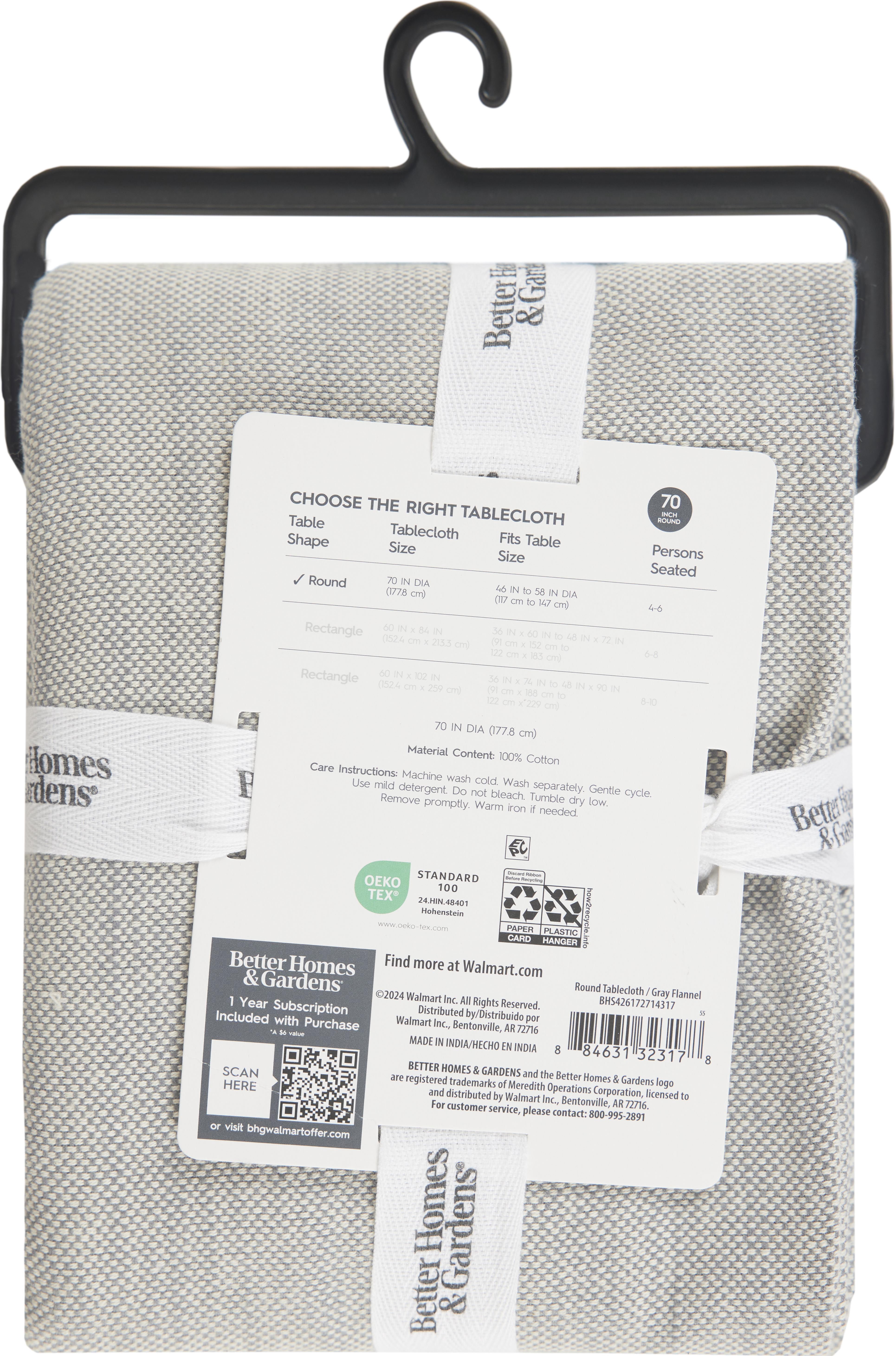 Better Homes & Gardens Grey Fringe Tablecloth 70" Round - Grey Flannel / Natural - 100% Cotton