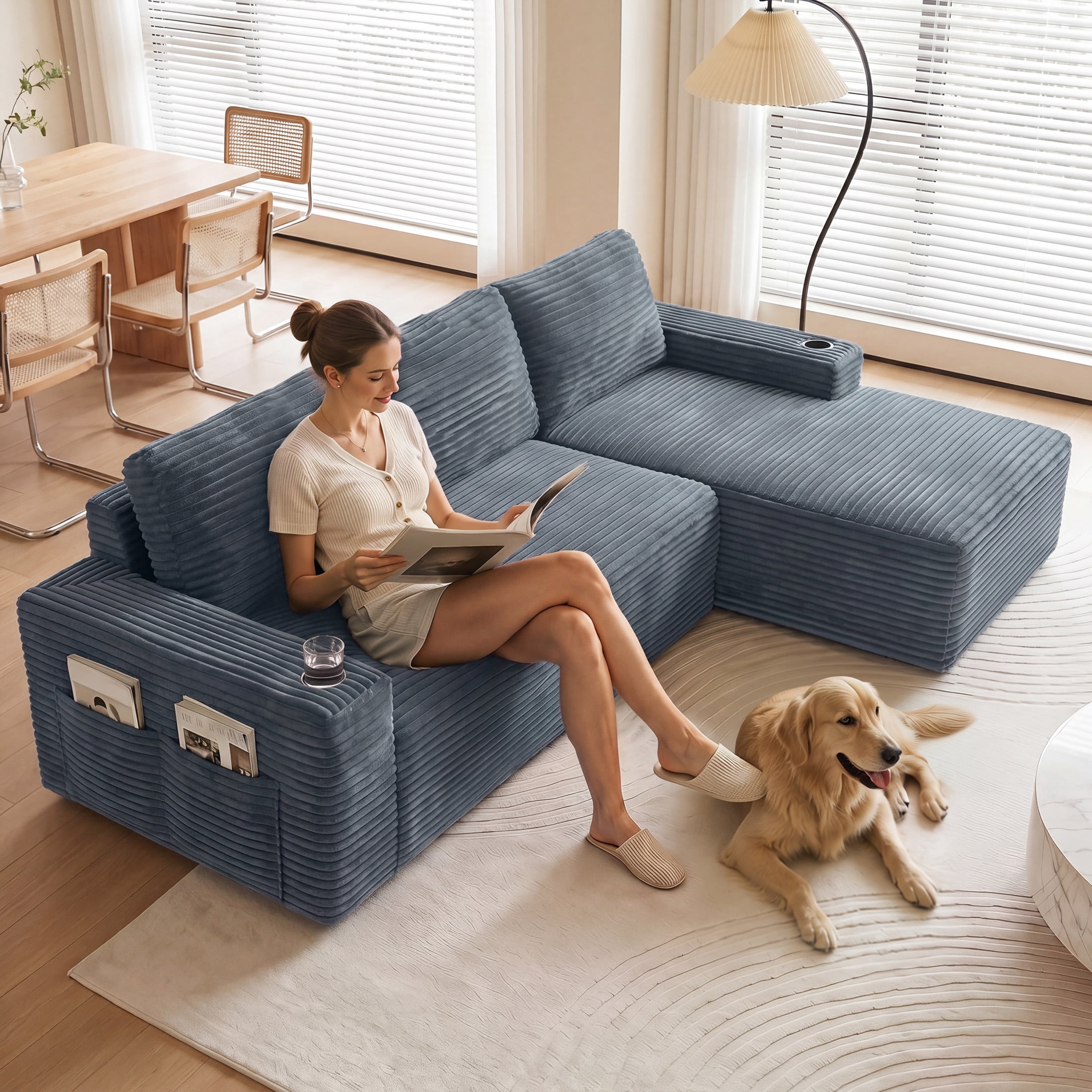 Aenkyo 104 Inch Corduroy L-Shaped Cloud Sectional Sofa with Right Facing Chaise and Cup Holders, Gray