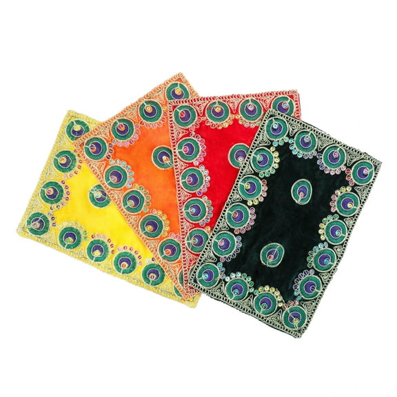 Set of 4 Small Mat Aasan Velvet Pooja Cloth (Size:-9"X 6") for Multipurpose Cloth Indian Traditional Festival Diwali Decorations Home Pooja Items and Puja Articles (Red,Yellow,Green,Orange)