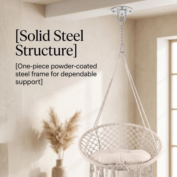 Solid Steel Macrame Swing Chair, Hanging Chair for Bedroom with Thick Cotton Cushion, Boho Swing Chair for Bedroom with One-Piece Steel Frame