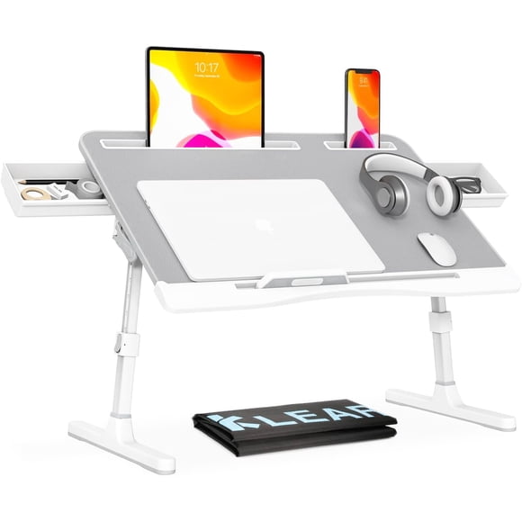 KLEAR Foldable Laptop Bed Tray Desk with Extral Drawstring Bag, Adjustable Bed Table with Heights and Angles, Lap Desk for Eating, Working, Writing,