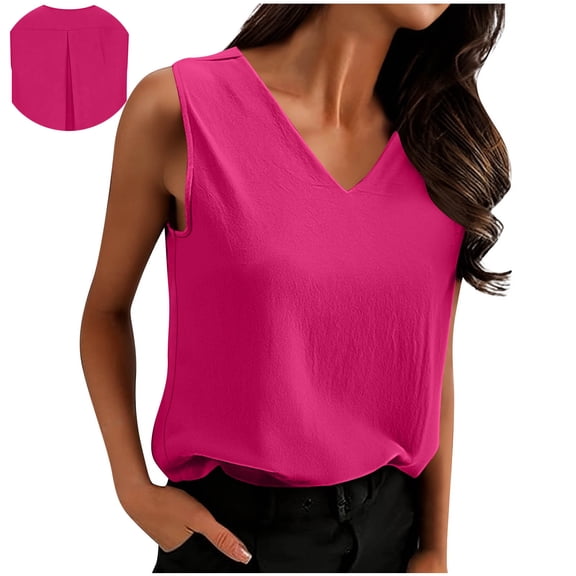 Mceream Linen Shirts Women Petite V Neck Cropped Linen Tank Tops Casual Spring Summer Sleeveless Blouses Summer Lightweight Basic Solid Going Out Beach Shirts Ropa De Lino De Mujer Hot Pink M