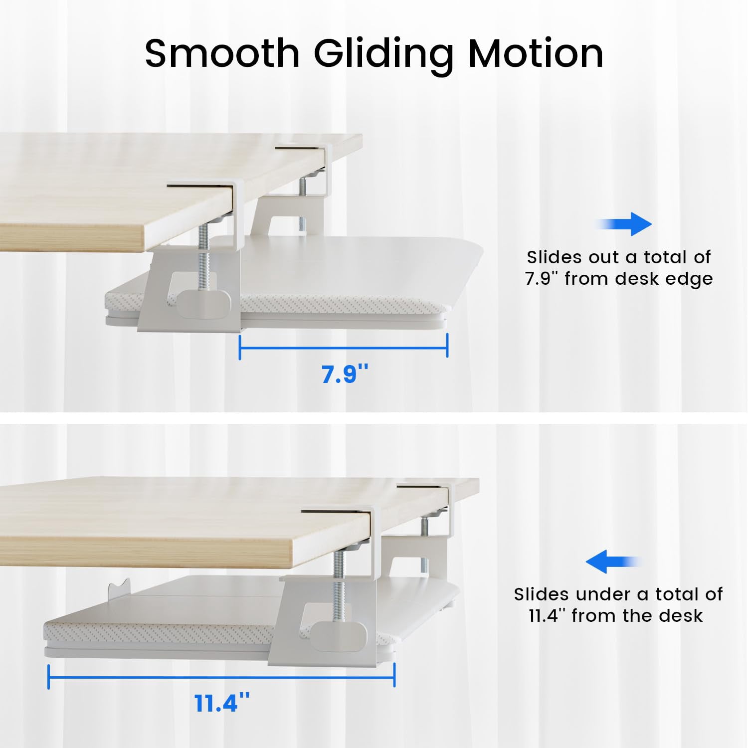Large Tray Under Desk Slide Out With Extra Sturdy C Clamp Mount System 26'' (30'' Including Clamps) X11 Slide-out Drawer For Typing Mouse White