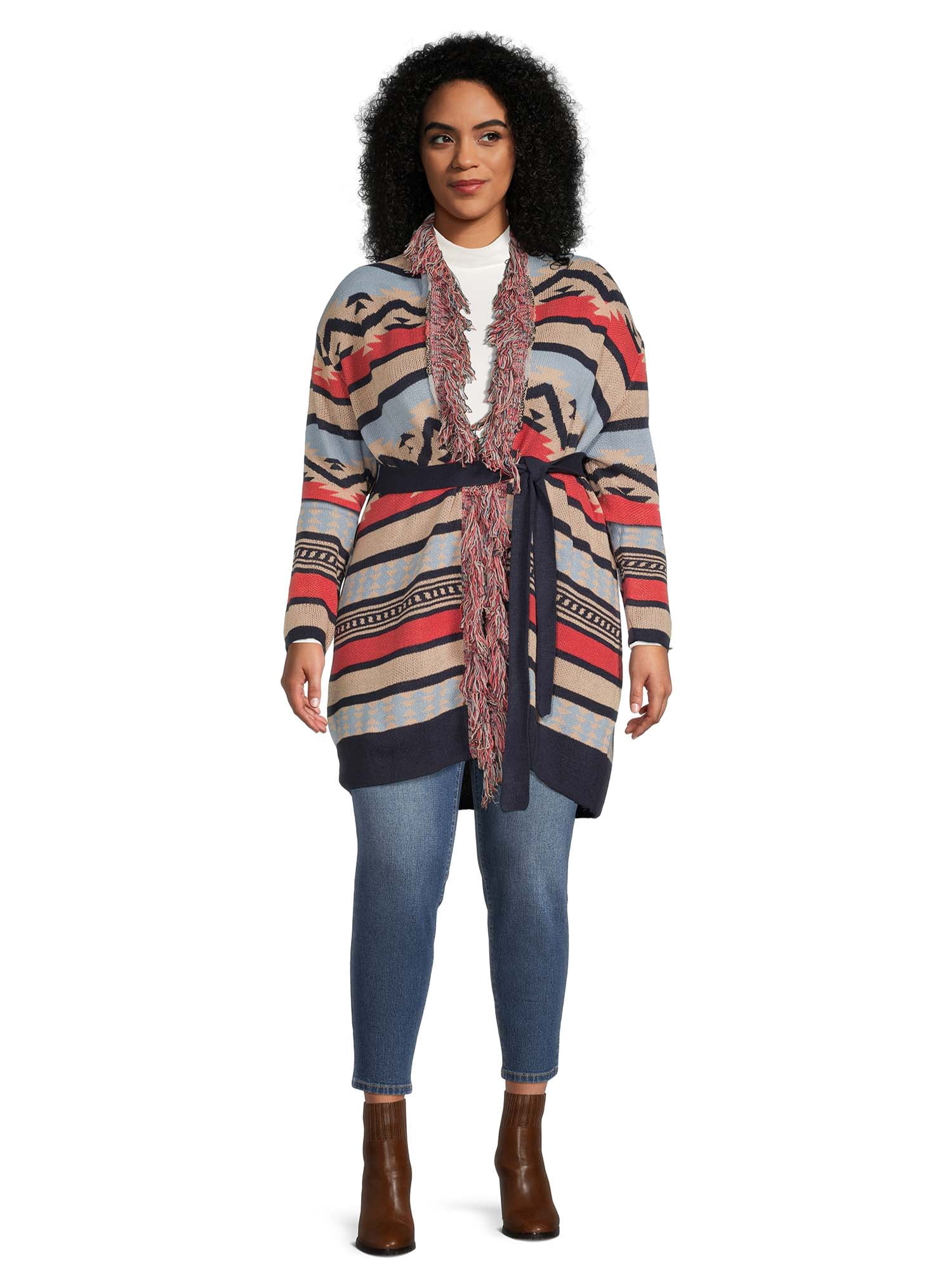 Valerie Stevens Women's Plus Size Open Front Fringe Cardigan, Midweight
