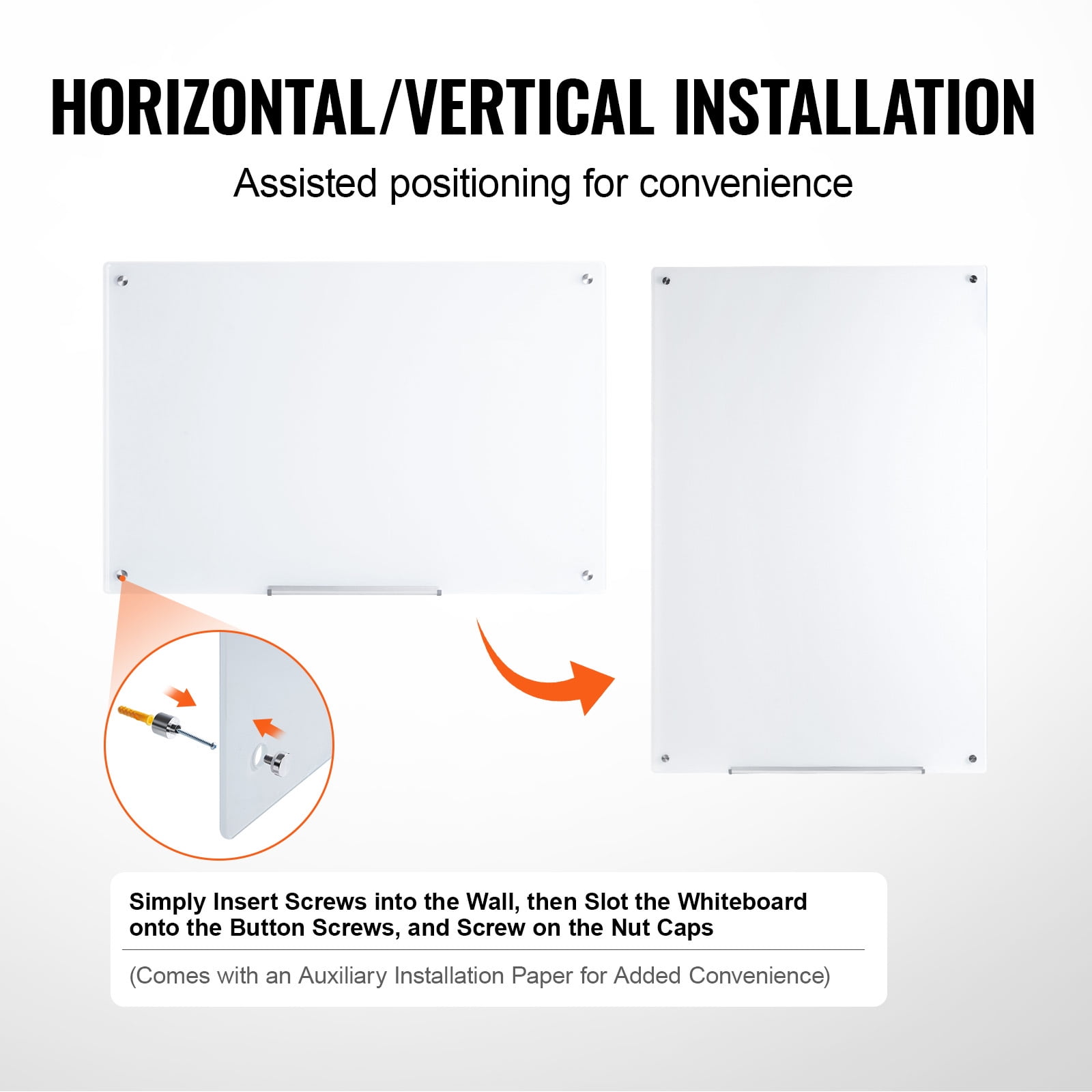 KFFKFF 36"x24" Magnetic Glass Dry Erase Board Frameless Wall Mounted Magnetic 3' x 2' Large Glass Whiteboard Dry Erase Board with Tray for Office, School & Home