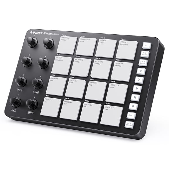 Donner STARRYPAD PRO MIDI Pad Controller, 16 Velocity-Sensitive Pads, 8 Knobs, USB-C & MIDI I/O, Music Software, Black