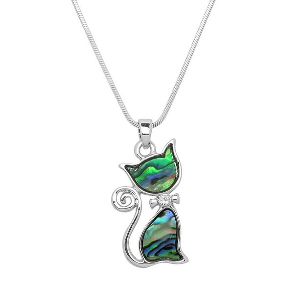 Cat Pendant Necklace Abalone Shell Rhodium Plated 17 Inch Snake Chain J0655