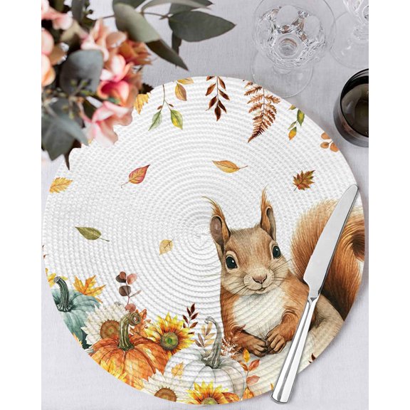 13 Inch Round Placemats Set of 6, Thanksgiving Squirrel Non Slip Heat Insulation PP Table Mats, Fall Pumpkins Sunflower Autumn Washable Place Mats for Kitchen Dining Party Table Decor