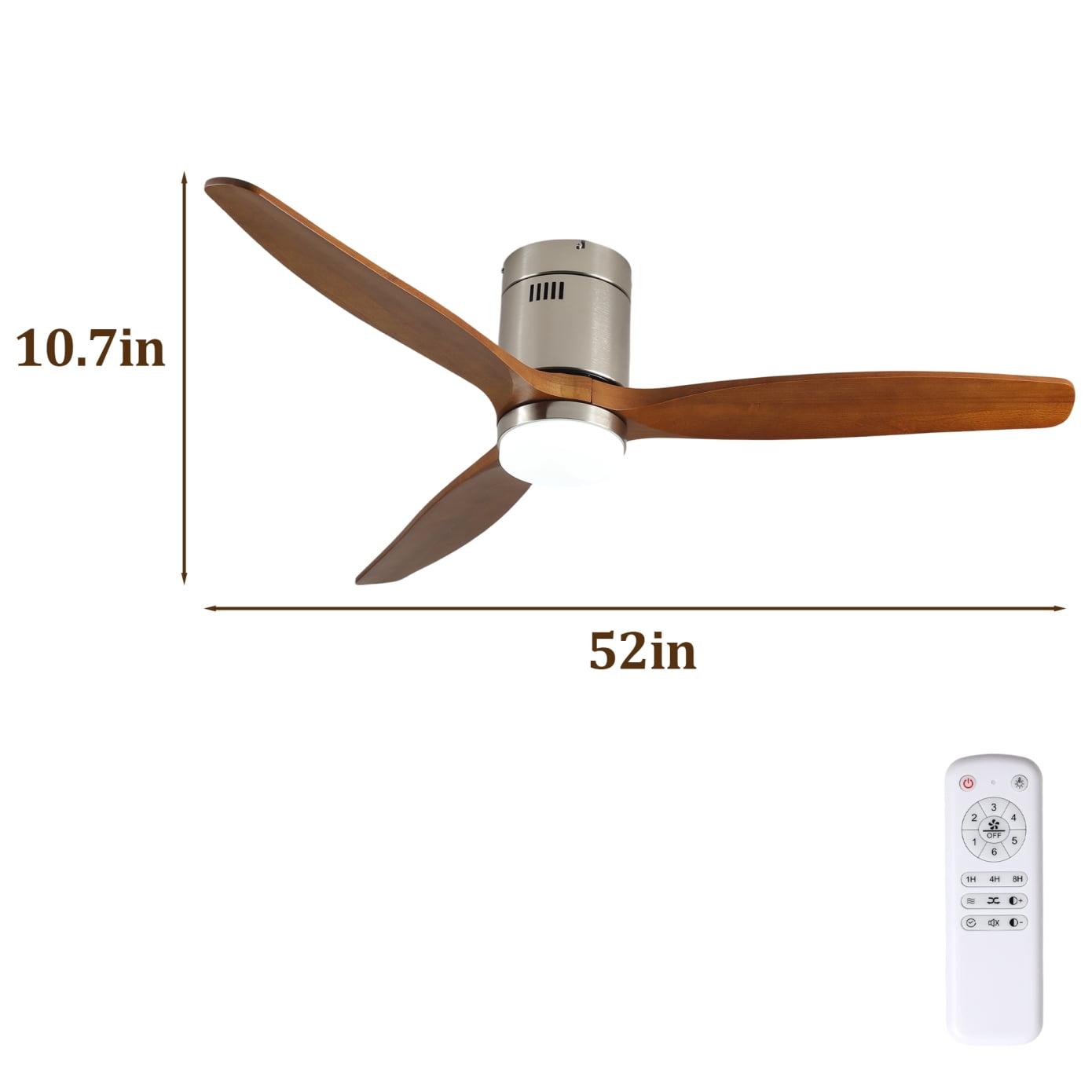52 Inch Ceiling Fan with Light, Walnut Solid Wood Blades, Remote Control, 6-Speed Reversible DC Motor for Bedroom, Living Room, Dining Room Indoor Outdoor Use
