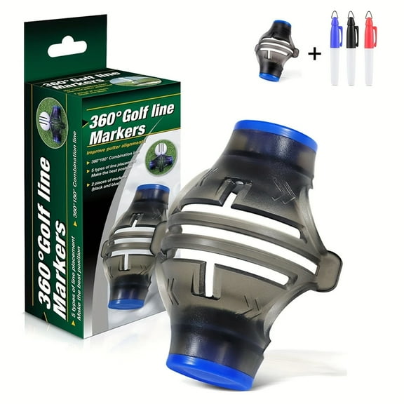 BYXAS 360-Degree Golf Ball Marker & Slope Reading by Bubble Angle Alignment Tool Sets - Triple Line Stencil with 3-Color Pens, Matal Frame Marker